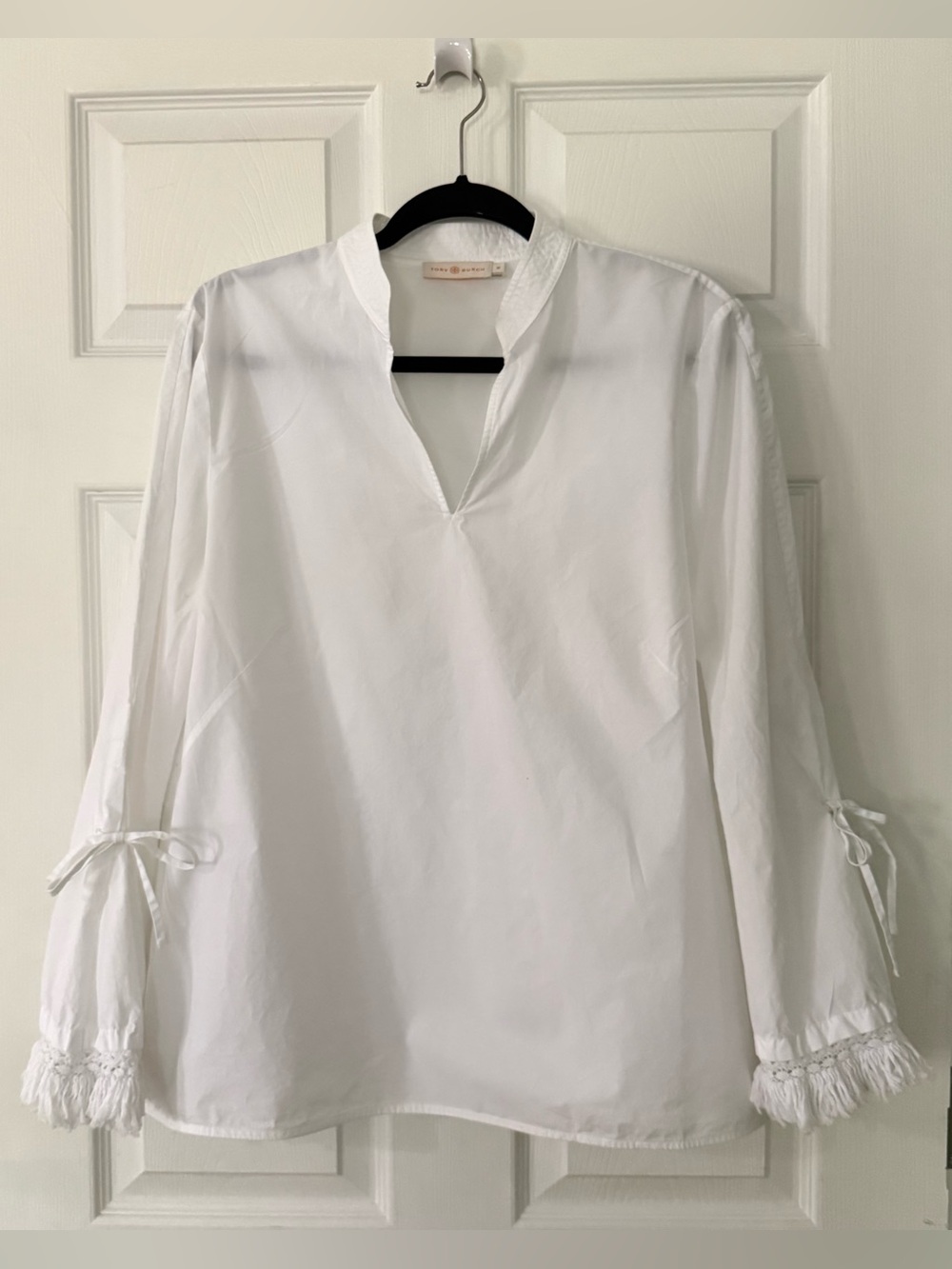 Tory Burch White V-Neck Tunic Blouse with Fringe Cuffs